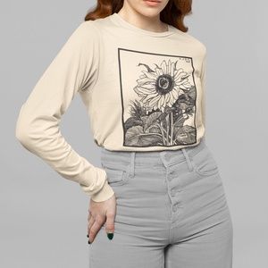 Sunflower Black Woodcut Vintage Print Long Sleeve Graphic Tee T-shirt S M L XL